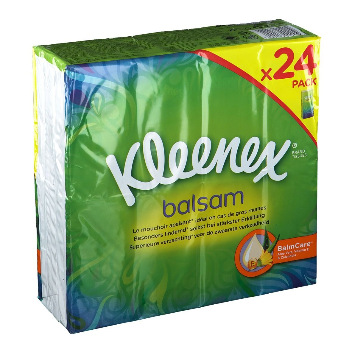 Kleenex® Balsam zakdoeken, verpakking van 24. Groene verpakking met productnaam en logo. Bevat BalmCare.