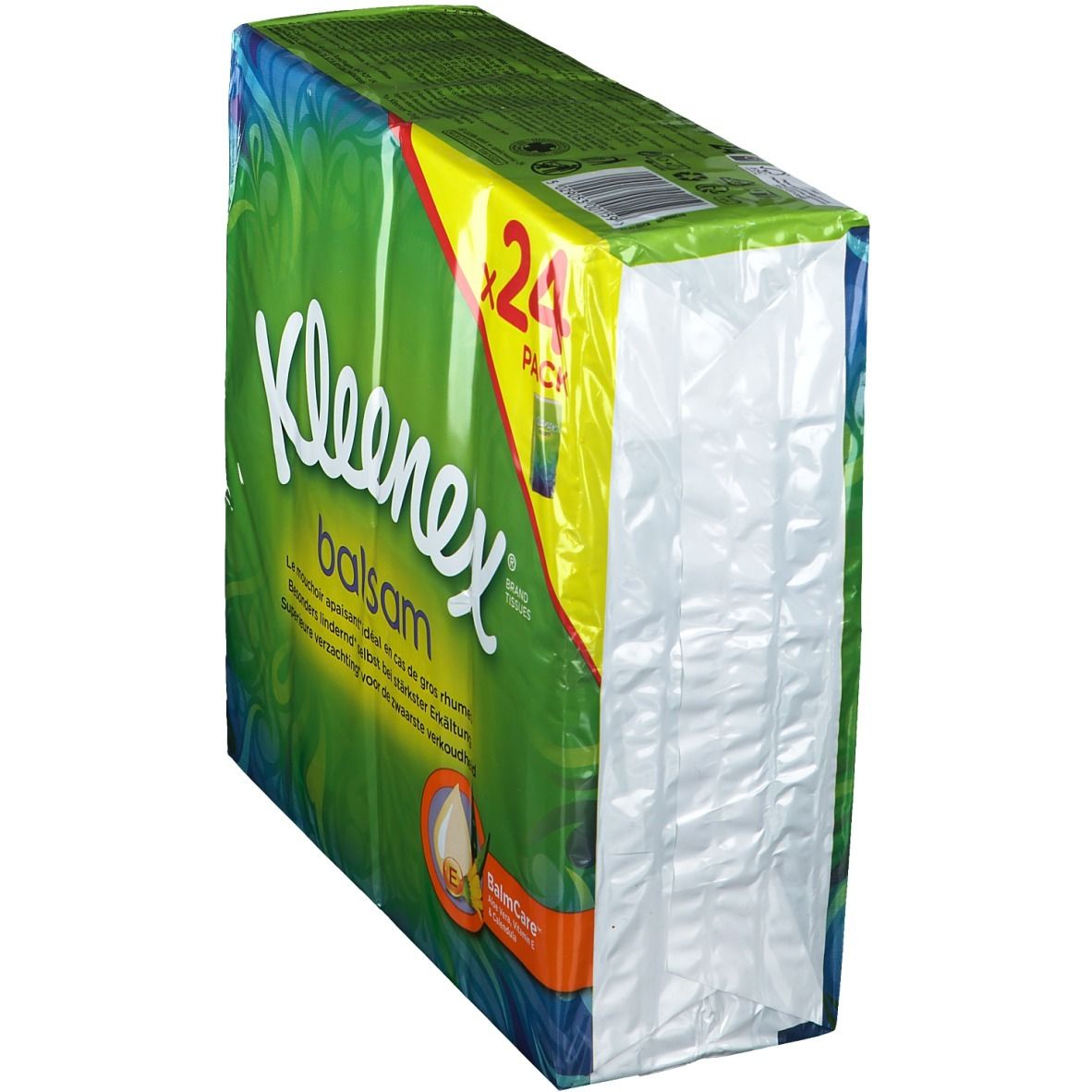 Kleenex® Balsam zakdoeken, verpakking van 24. Groene verpakking, zijaanzicht. Productnaam en logo zichtbaar.