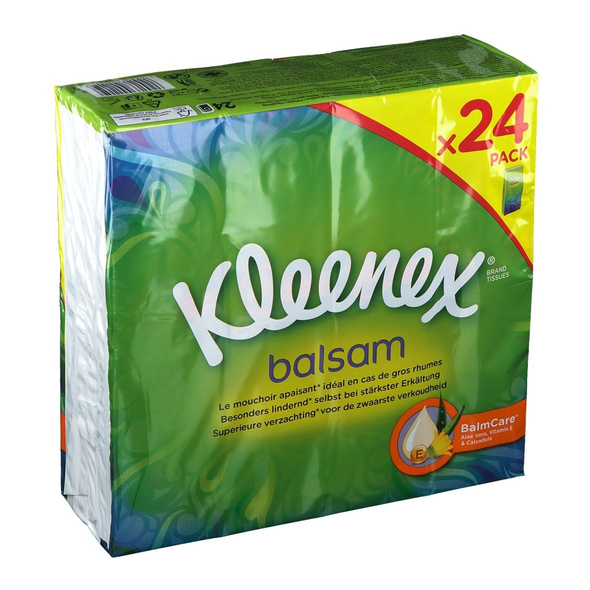 Kleenex® Balsam zakdoeken, verpakking van 24. Groene verpakking met productnaam en logo. BalmCare-logo.