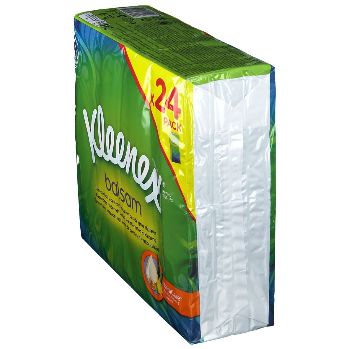 Kleenex® Balsam zakdoeken, verpakking van 24. Groene verpakking, zijaanzicht. Productnaam en logo.