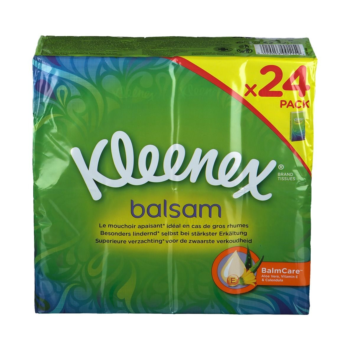 Kleenex® Balsam zakdoeken, verpakking van 24. Groene verpakking met logo en productnaam. BalmCare-logo.