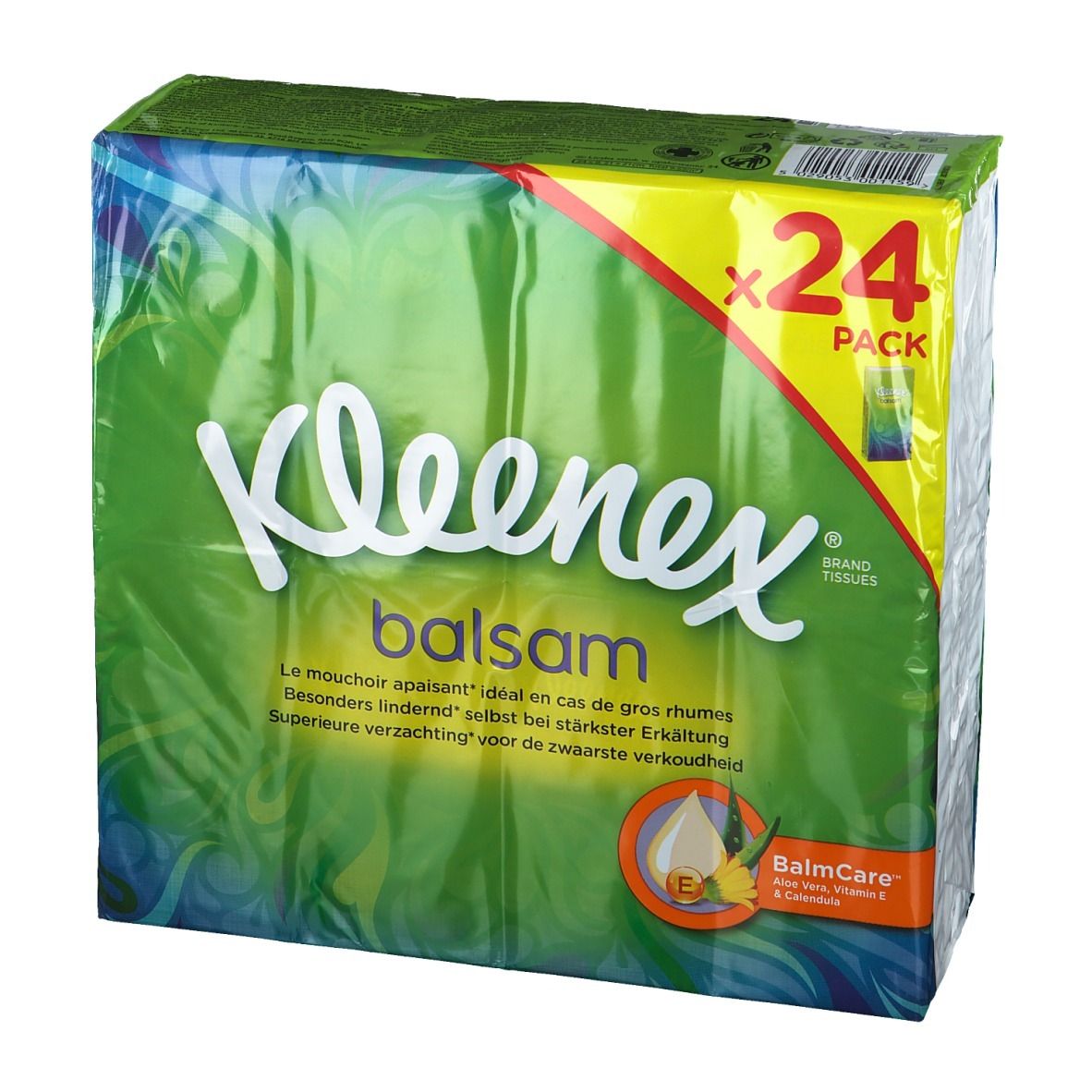 Kleenex® Balsam zakdoeken, verpakking van 24. Groene verpakking met logo en productnaam. BalmCare-logo.
