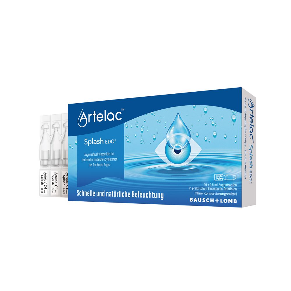 Boîte d'Artelac Splash EDO, gouttes ophtalmiques en ampoules. Emballage bleu avec nom et logo du produit. Bausch+Lomb.