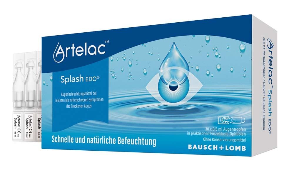Boîte d'Artelac Splash EDO, gouttes ophtalmiques en doses individuelles. Emballage bleu avec nom et logo du produit.