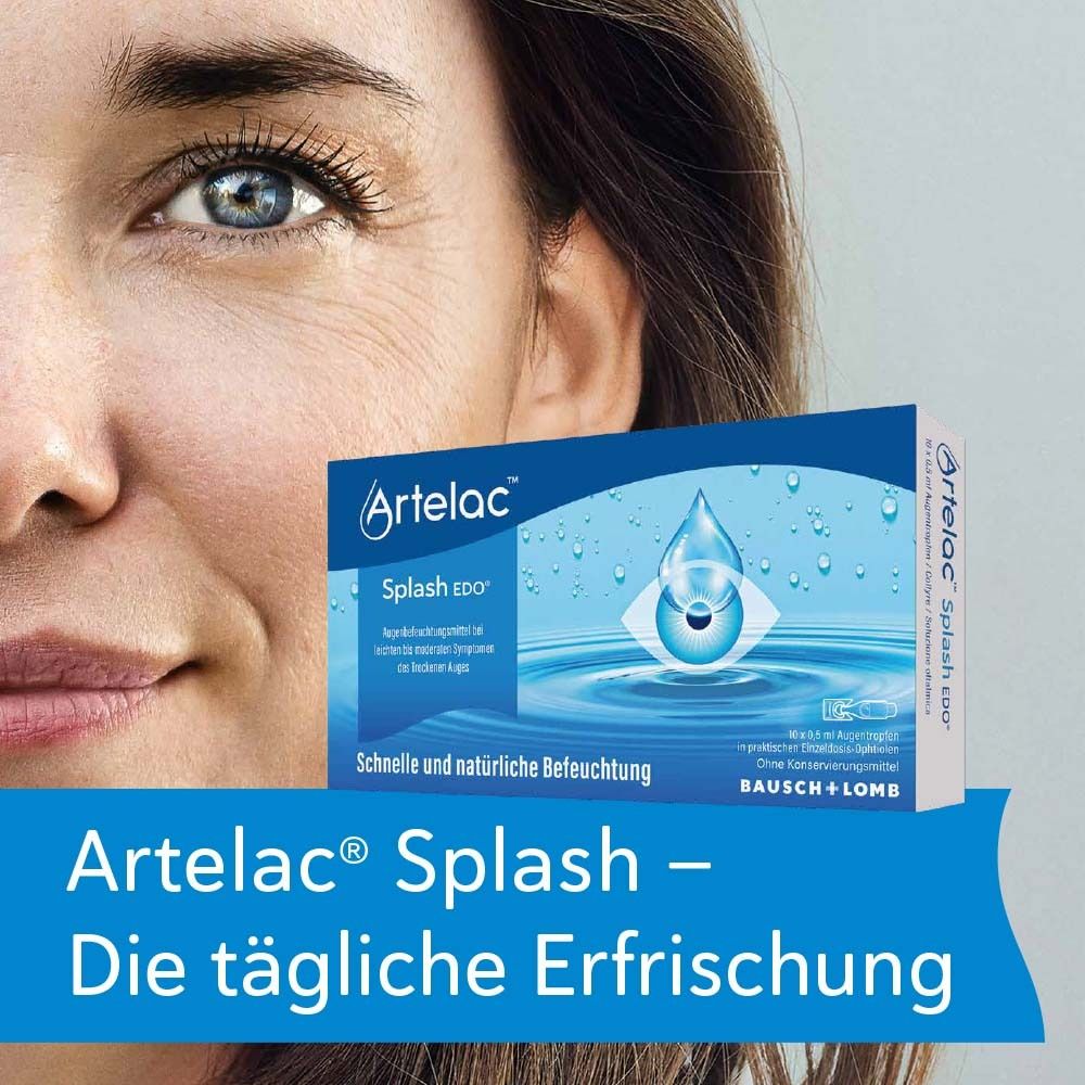 Femme avec emballage Artelac Splash EDO. Emballage bleu avec nom et logo du produit. Texte : Le rafraîchissement quotidien.