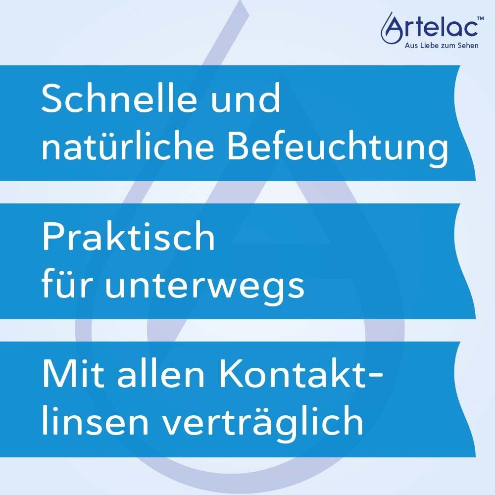 Graphique bleu avec texte : Hydratation rapide et naturelle. Pratique pour les déplacements. Compatible avec lentilles.