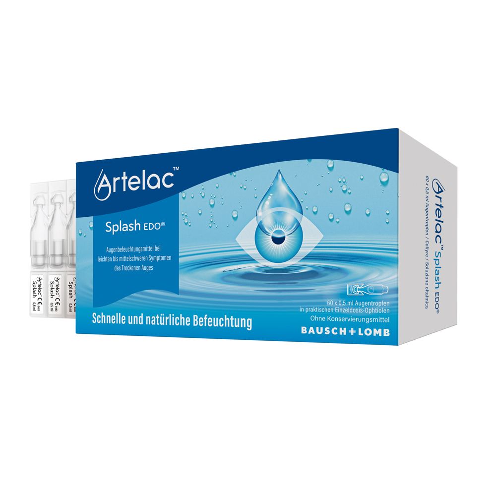 Boîte d'Artelac Splash EDO, gouttes ophtalmiques en pipettes individuelles. Emballage bleu avec logo et texte.