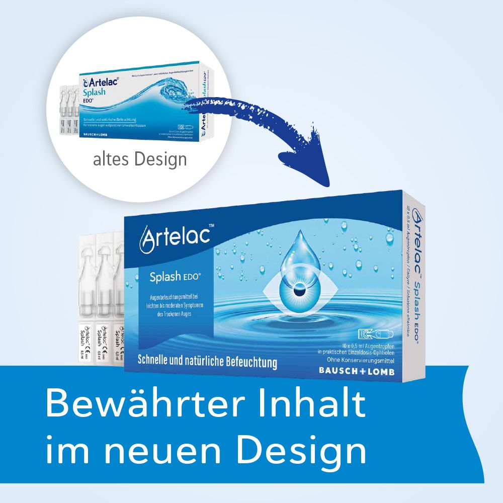 Comparaison : Artelac Splash EDO, ancien et nouveau design. Emballage bleu avec logo, texte et symbole goutte.