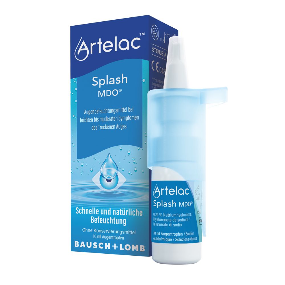 Artelac Splash MDO, flacon et emballage de gouttes ophtalmiques. Contient 10 ml. Sans conservateur.