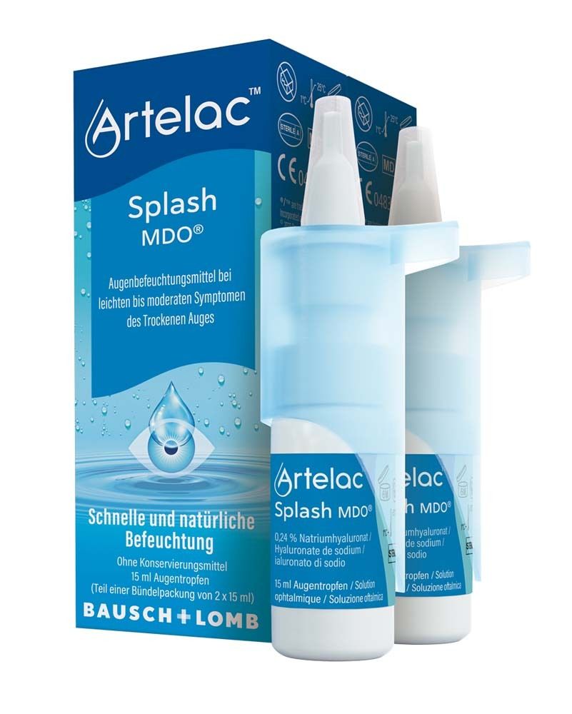 Boîte d'Artelac Splash MDO. Contient deux flacons de 15 ml chacun. Emballage bleu avec nom et logo du produit.