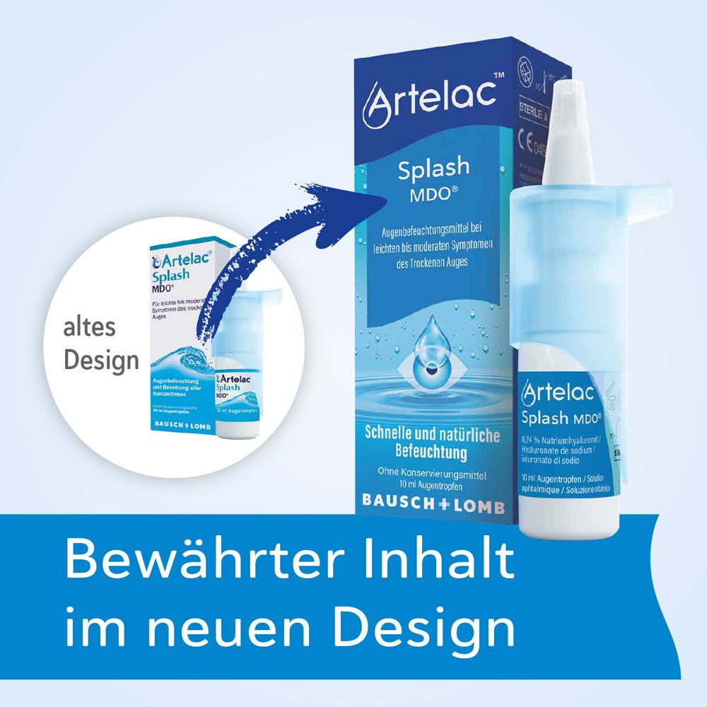 Comparaison des emballages Artelac Splash MDO. Ancien design vs. nouveau design. Texte : Contenu éprouvé dans un nouveau design.