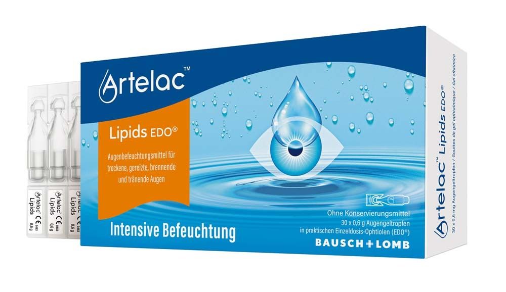 Boîte d'Artelac® Lipids EDO® Augengel. Pipettes unidoses individuelles à côté.
