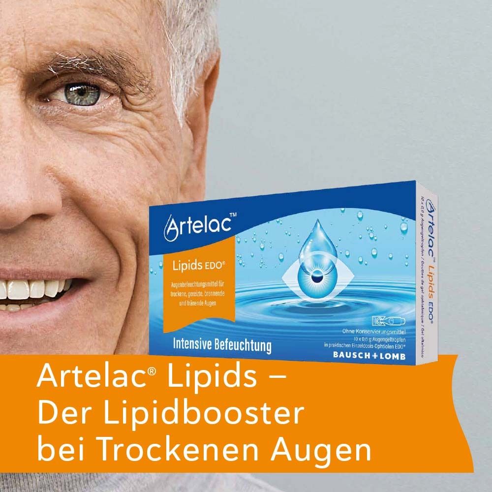 Homme avec boîte d'Artelac® Lipids EDO® Augengel. Texte : Le booster lipidique pour yeux secs.