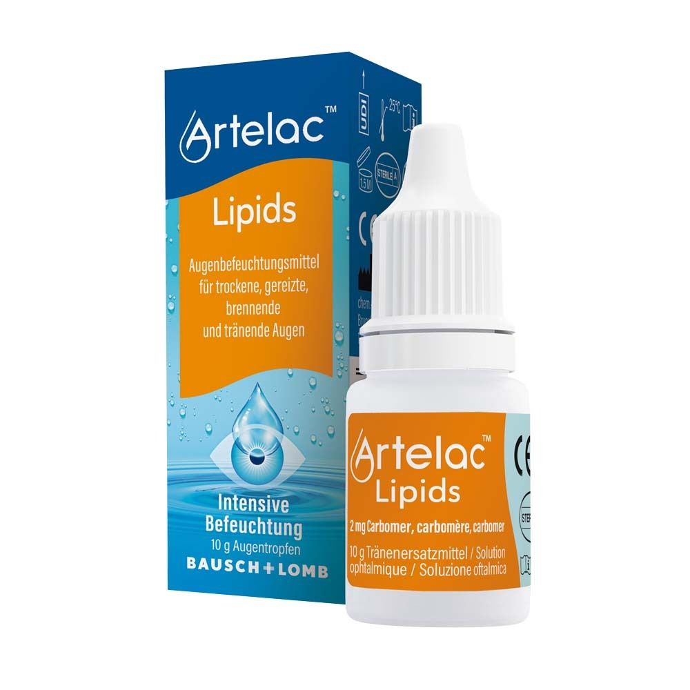 Artelac Lipids. Flacon et emballage de gouttes pour les yeux. Orange, bleu et blanc. Contient 10 g de gouttes.