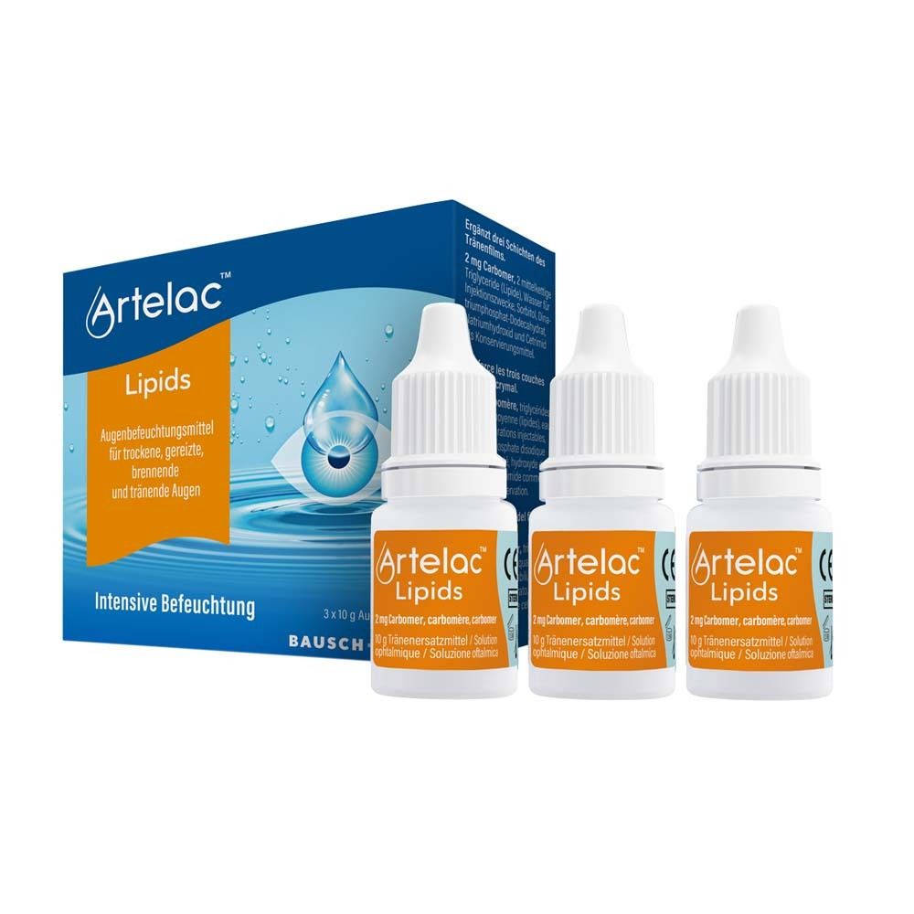 Artelac Lipids. 3 flesjes en verpakking. Oogbevochtiger voor droge, geïrriteerde ogen. Bausch + Lomb.