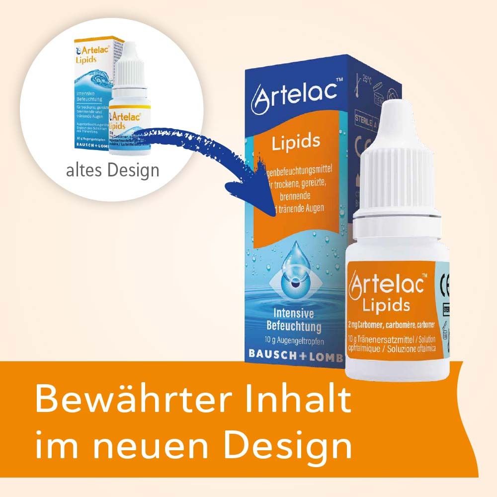 Artelac Lipids. Verpakking en flesje. Nieuw design. Oogbevochtiger voor droge ogen. Bausch + Lomb.