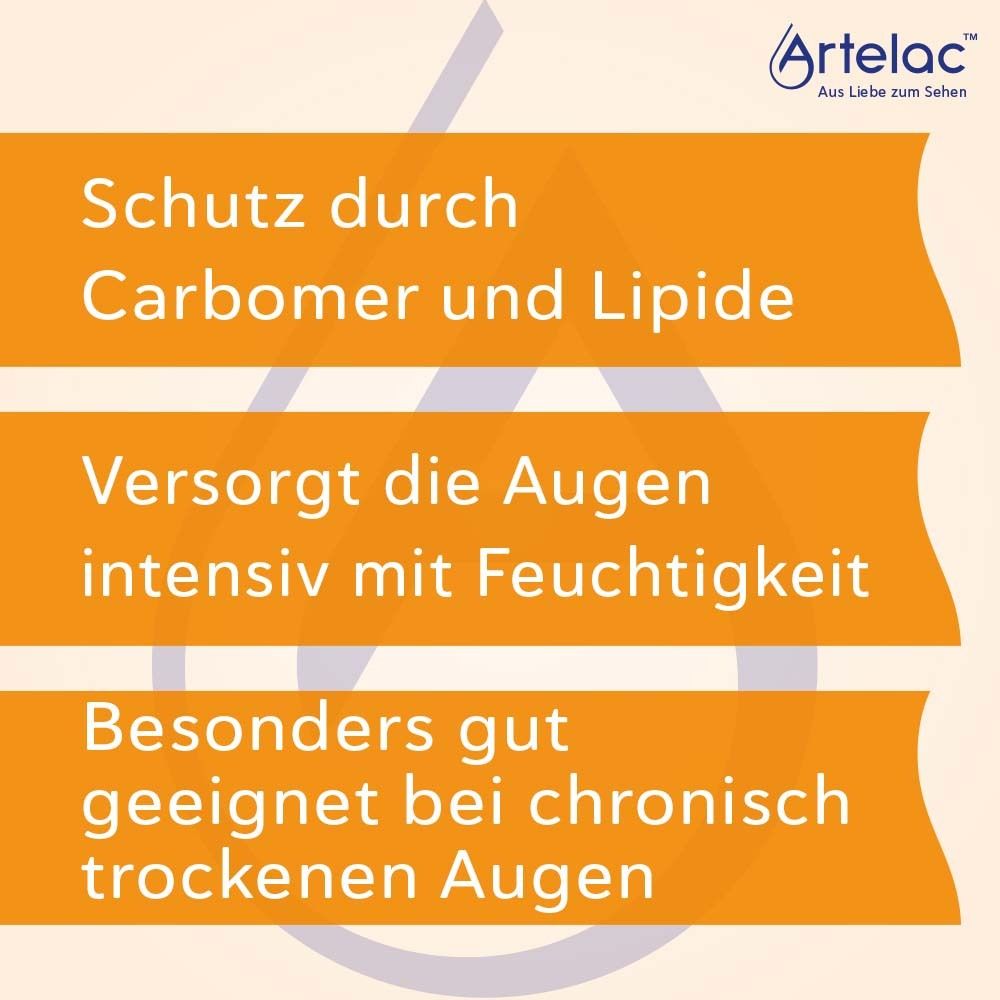 Tekst. Bescherming door carbomeer en lipiden. Hydrateert de ogen intensief. Artelac Lipids.
