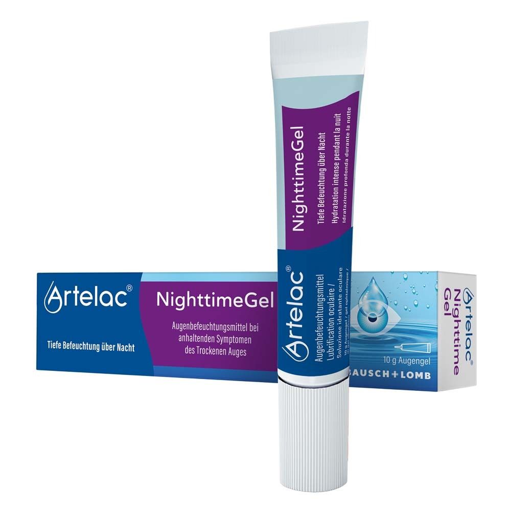 Tube en verpakking van Artelac NighttimeGel. Tekst: Diepe hydratatie gedurende de nacht. 10 g ooggel.