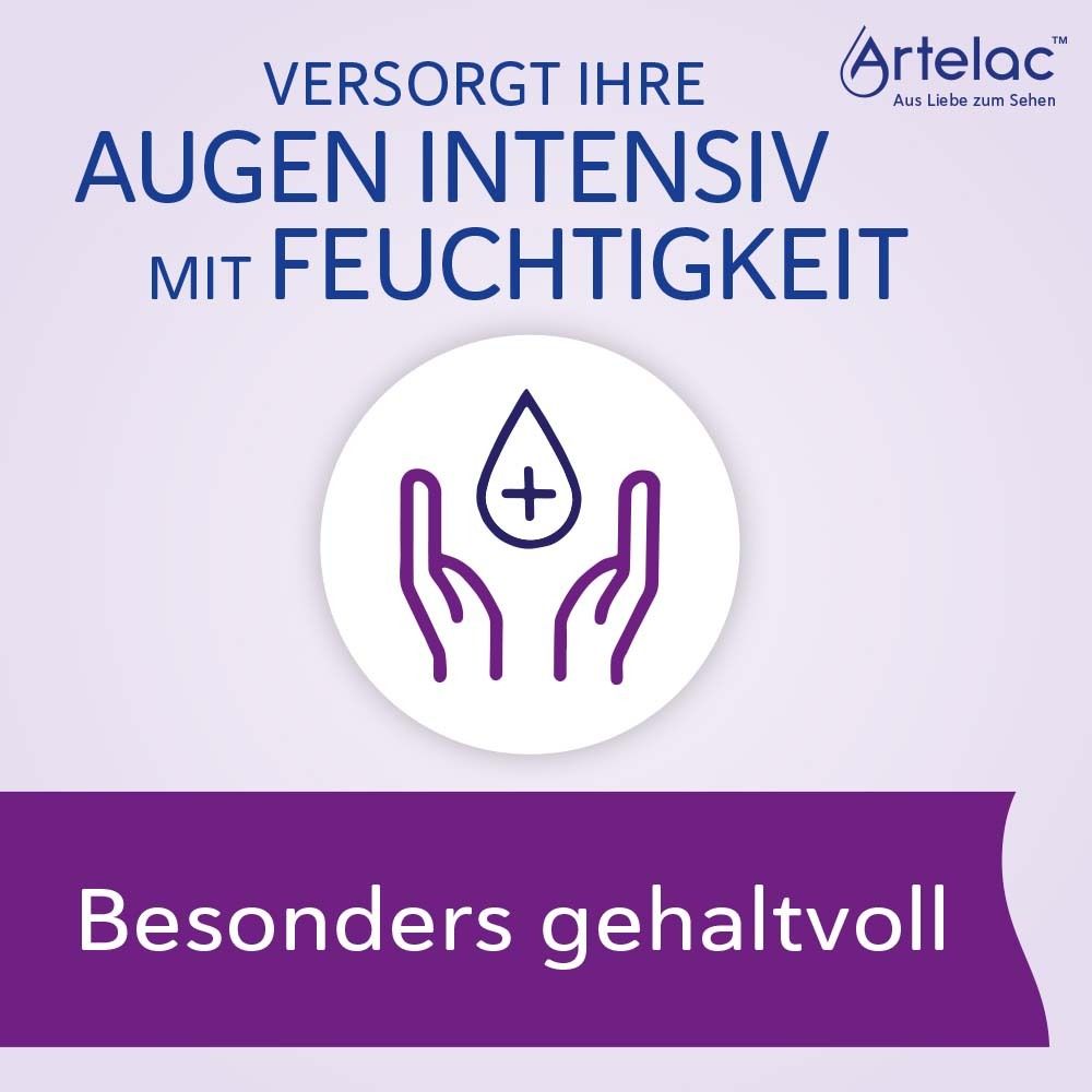 Handen houden een druppelsymbool vast. Tekst: Verzorgt uw ogen intensief met vocht.
