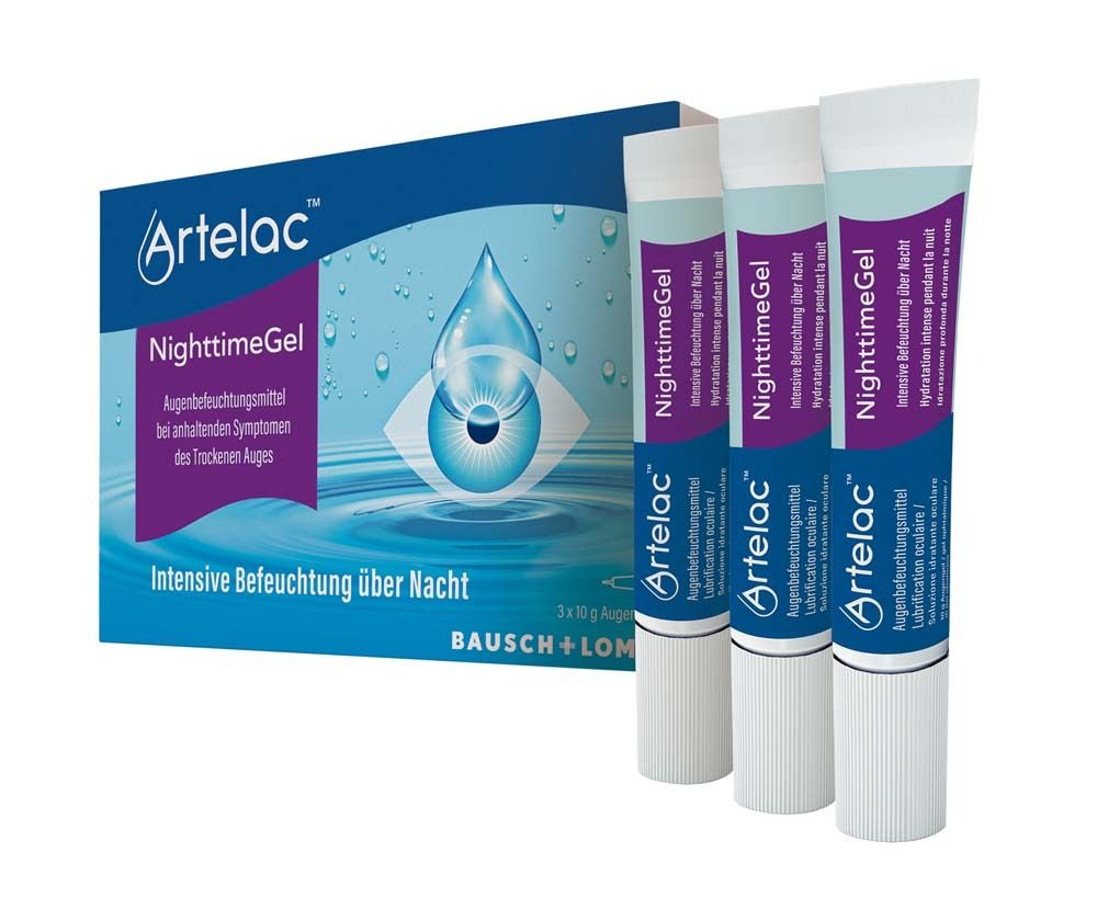 Verpakking en drie tubes Artelac Nighttime Gel. Blauwe verpakking met productnaam en oogsymbool. Tubes met paarse accenten.