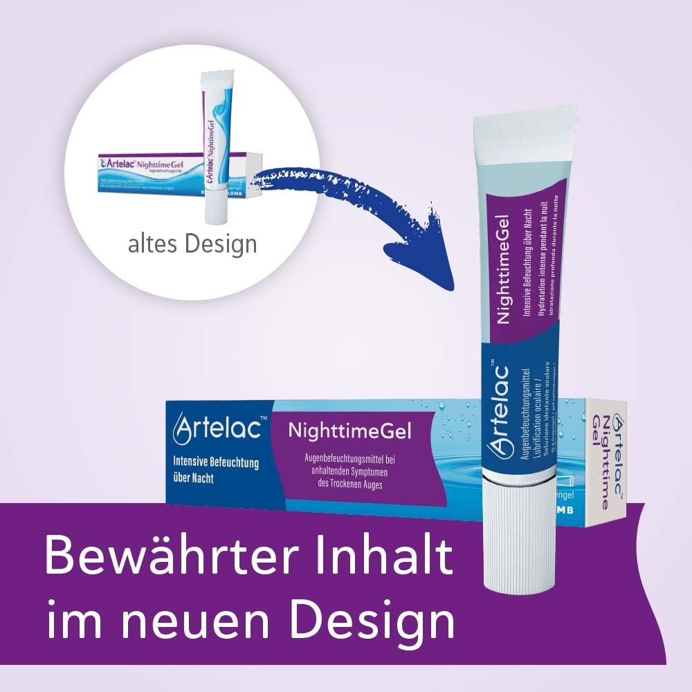 Vergelijking oud en nieuw design van Artelac Nighttime Gel. Een tube in het nieuwe design, blauwe verpakking met productnaam.