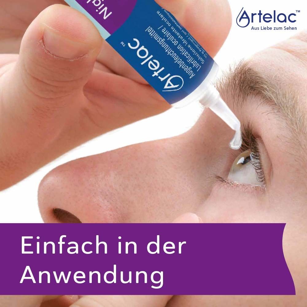 Close-up van een oog dat wordt gedruppeld met Artelac Nighttime Gel. Tube en productnaam zichtbaar.