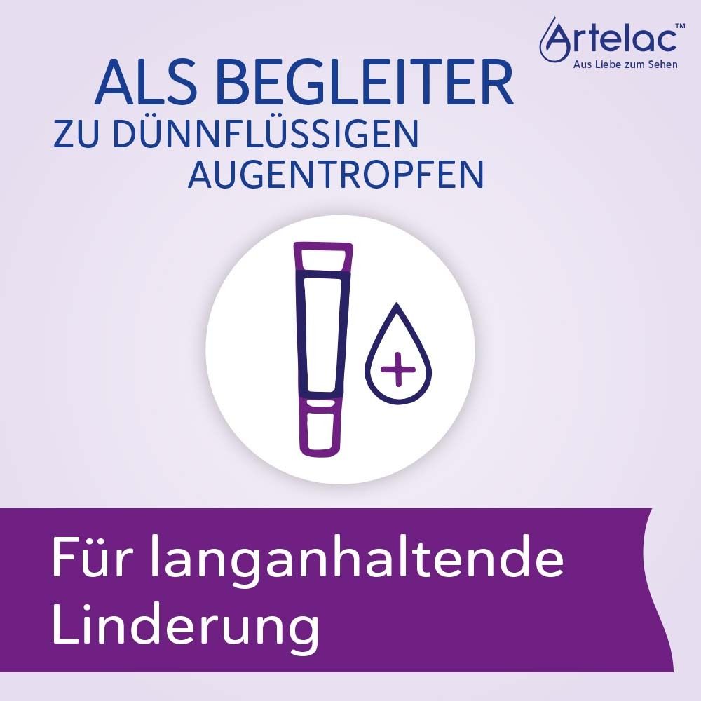 Afbeelding met tube en druppel. Tekst: Voor langdurige verlichting. Artelac logo en tekst.