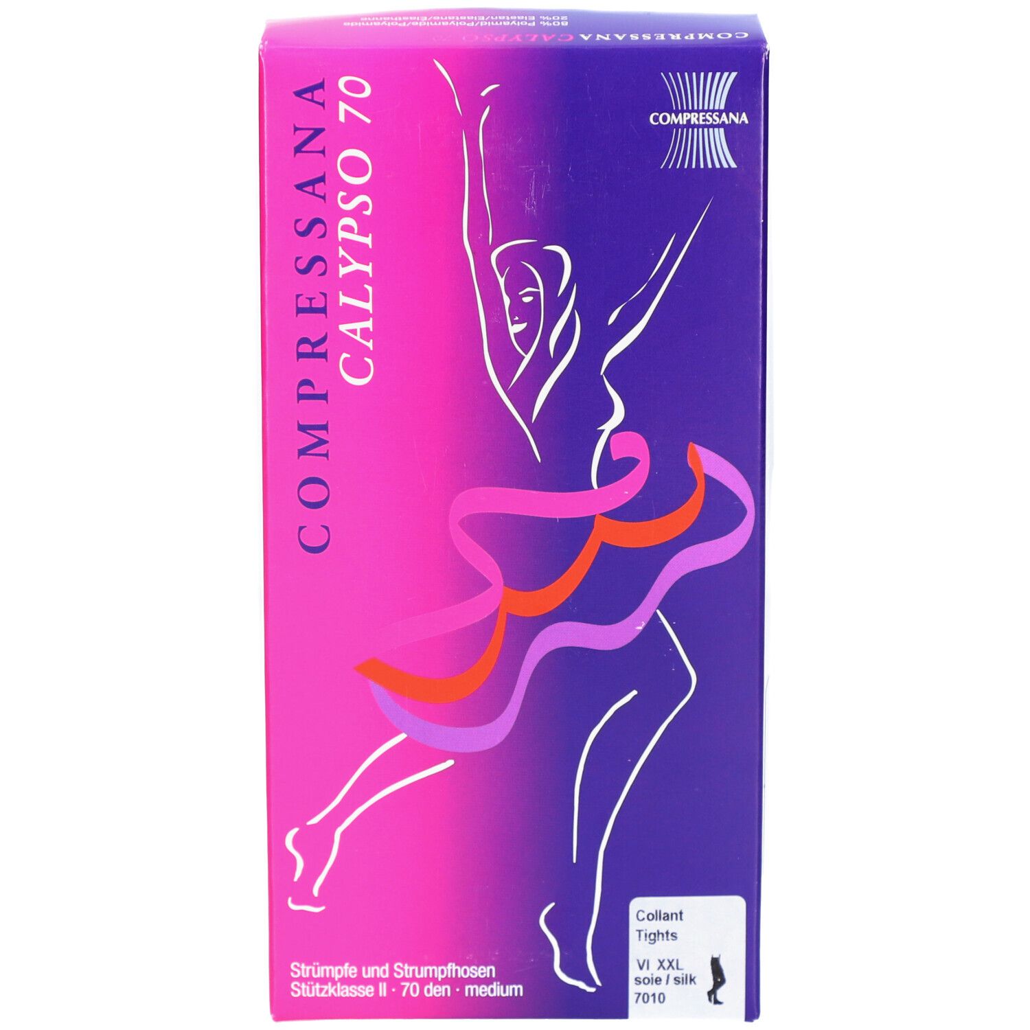 Verpakking van compressiekousen met dansende figuur.