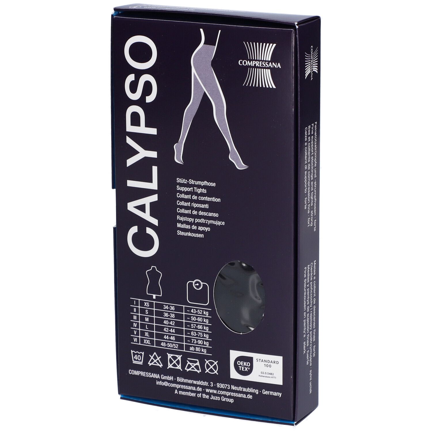 Boîte de collants. Inscription CALYPSO. Marque COMPRESSANA. Tableau des tailles et certification.
