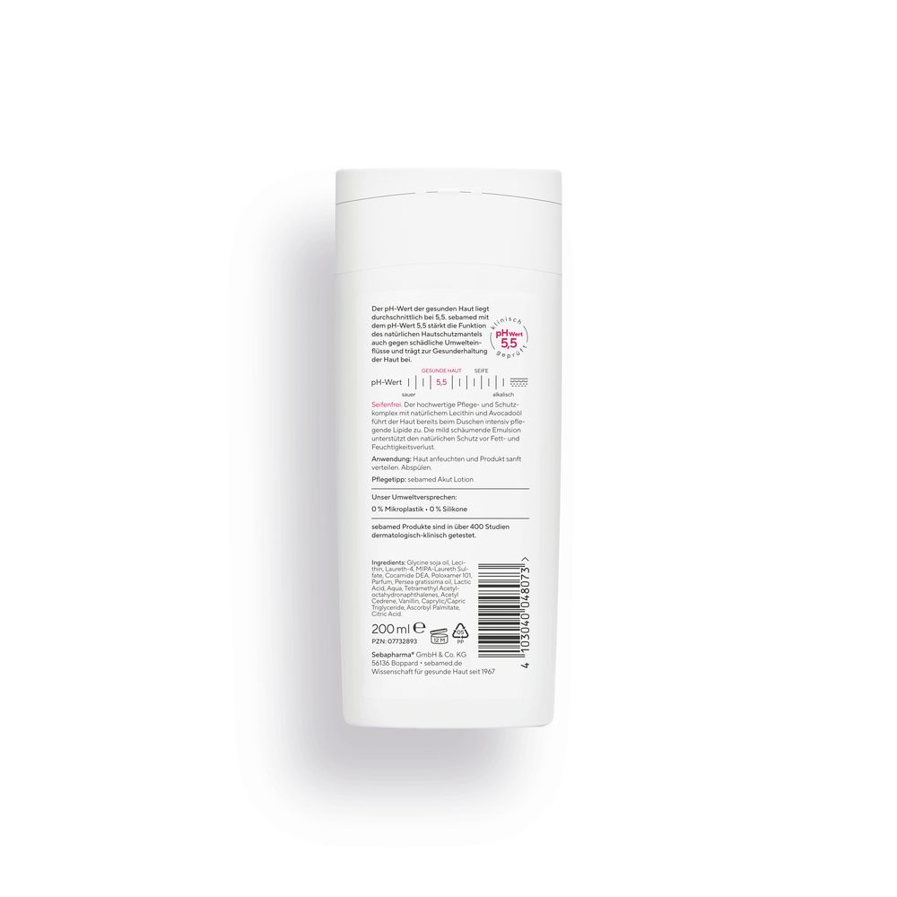 Dos du flacon blanc de sebamed® Duschöl. Texte avec ingrédients, pH 5,5 et informations du fabricant. Code-barres et indication de volume 200ml.