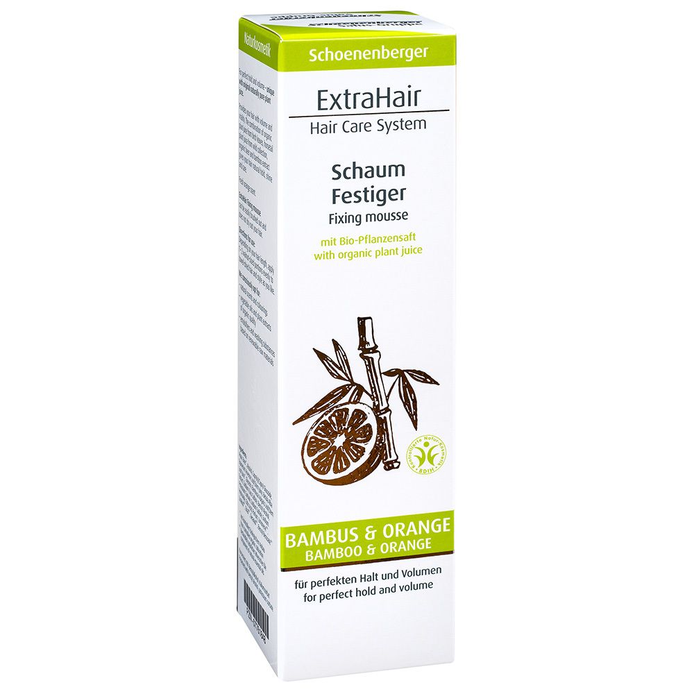 Emballage de fixateur en mousse. Marque: Schoenenberger ExtraHair. Bambou & Orange. Avec jus de plantes bio.
