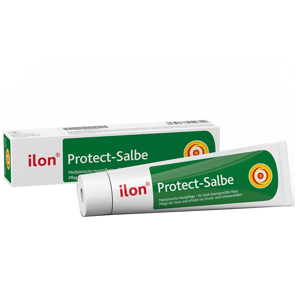Tube en doos ilon Protect-Salbe. Groen-wit ontwerp. Medische huidverzorging.
