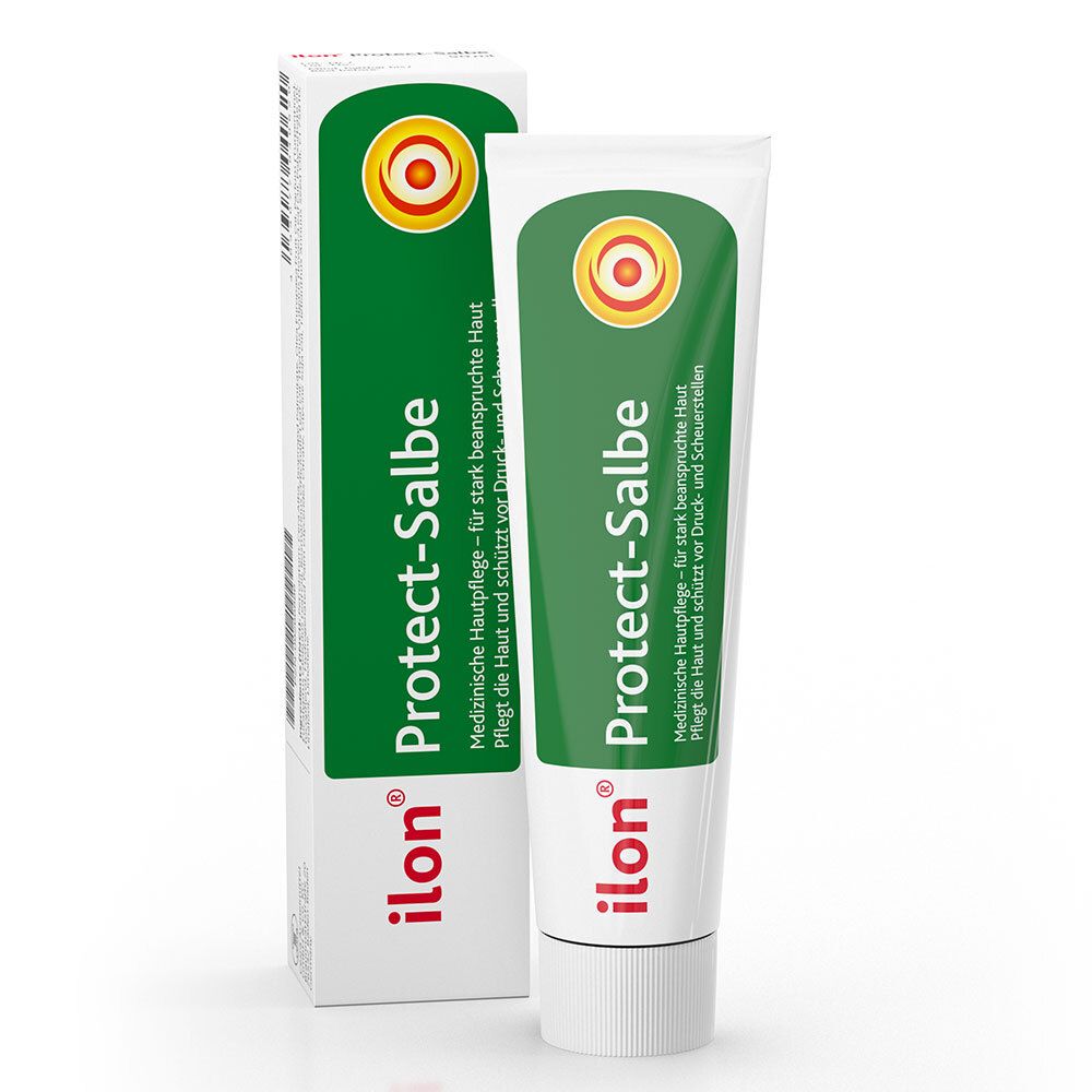 Tube en doos ilon Protect-Salbe. Groen-wit ontwerp. Medische huidverzorging.