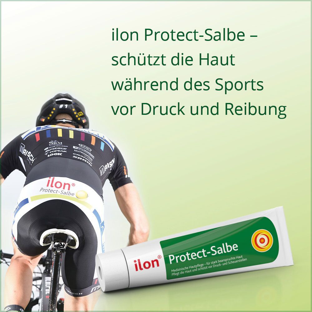 Fietser met ilon Protect-Salbe tube. Tekst: beschermt de huid tegen druk en wrijving.