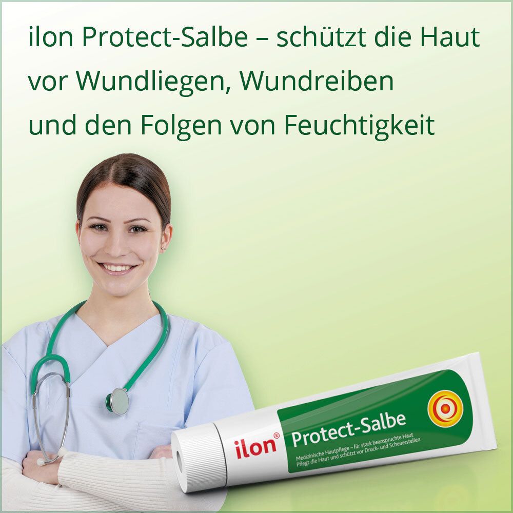 Vrouw met ilon Protect-Salbe tube. Tekst: beschermt de huid tegen doorliggen, wrijving en vocht.