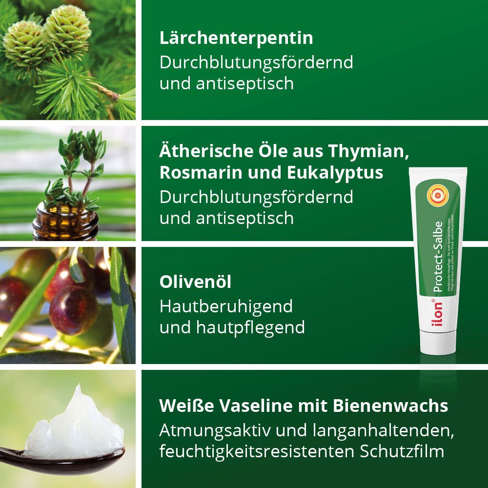 Afbeeldingen met ingrediënten: larikstherpentijn, etherische oliën, olijfolie, witte vaseline.