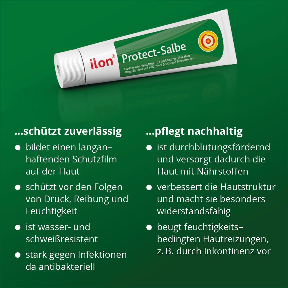 ilon Protect-Salbe tube en tekst. Tekst: beschermt betrouwbaar, verzorgt duurzaam. Water- en zweetbestendig.