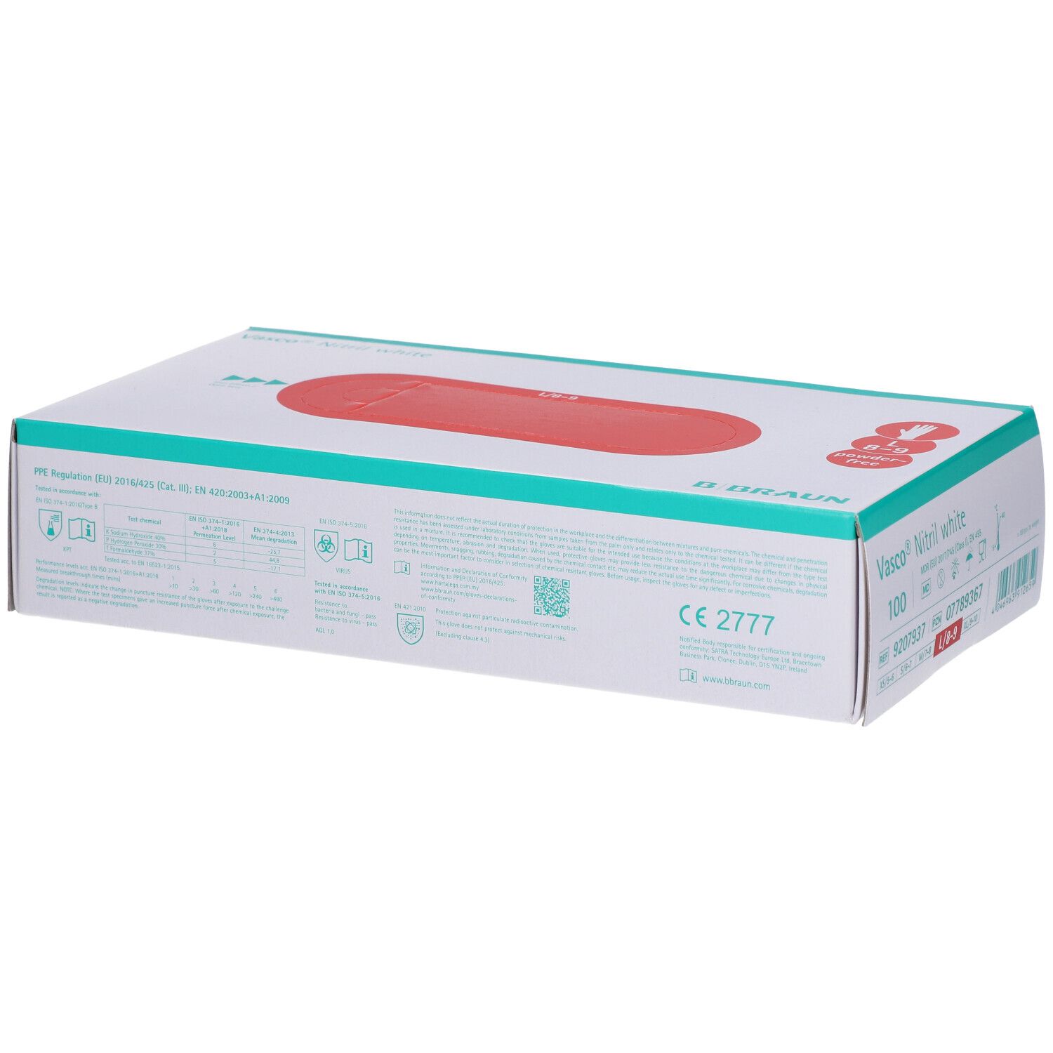 Witte doos met rode deksel. Opschrift: Vasco Nitril white. B. Braun logo. CE-markering.
