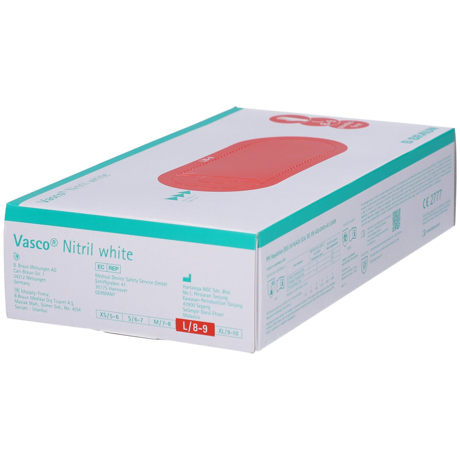 Witte doos met rode deksel. Opschrift: Vasco Nitril white. B. Braun logo. Maatindicatie L/8-9.