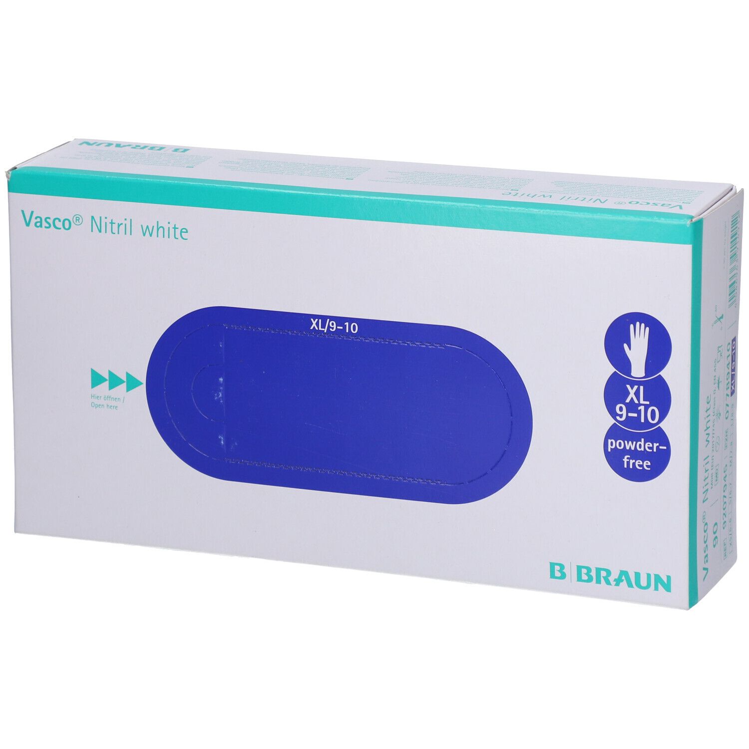 Verpakking Vasco® Nitril white onderzoekshandschoen XL. Blauwe ovale opening, maat XL/9-10, pictogram hand, poedervrij. Merk B. Braun.