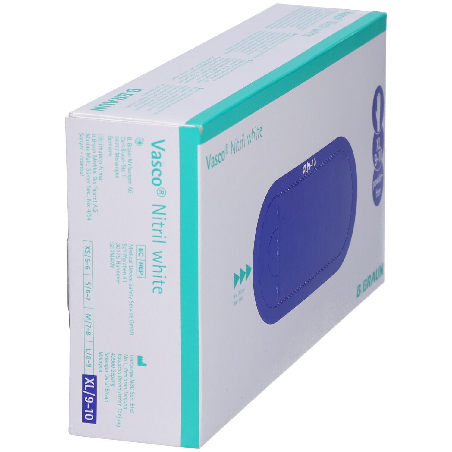 Verpakking Vasco® Nitril white onderzoekshandschoen XL. Blauwe ovale opening, maat XL/9-10. Merk B. Braun. Zijaanzicht met tekst.