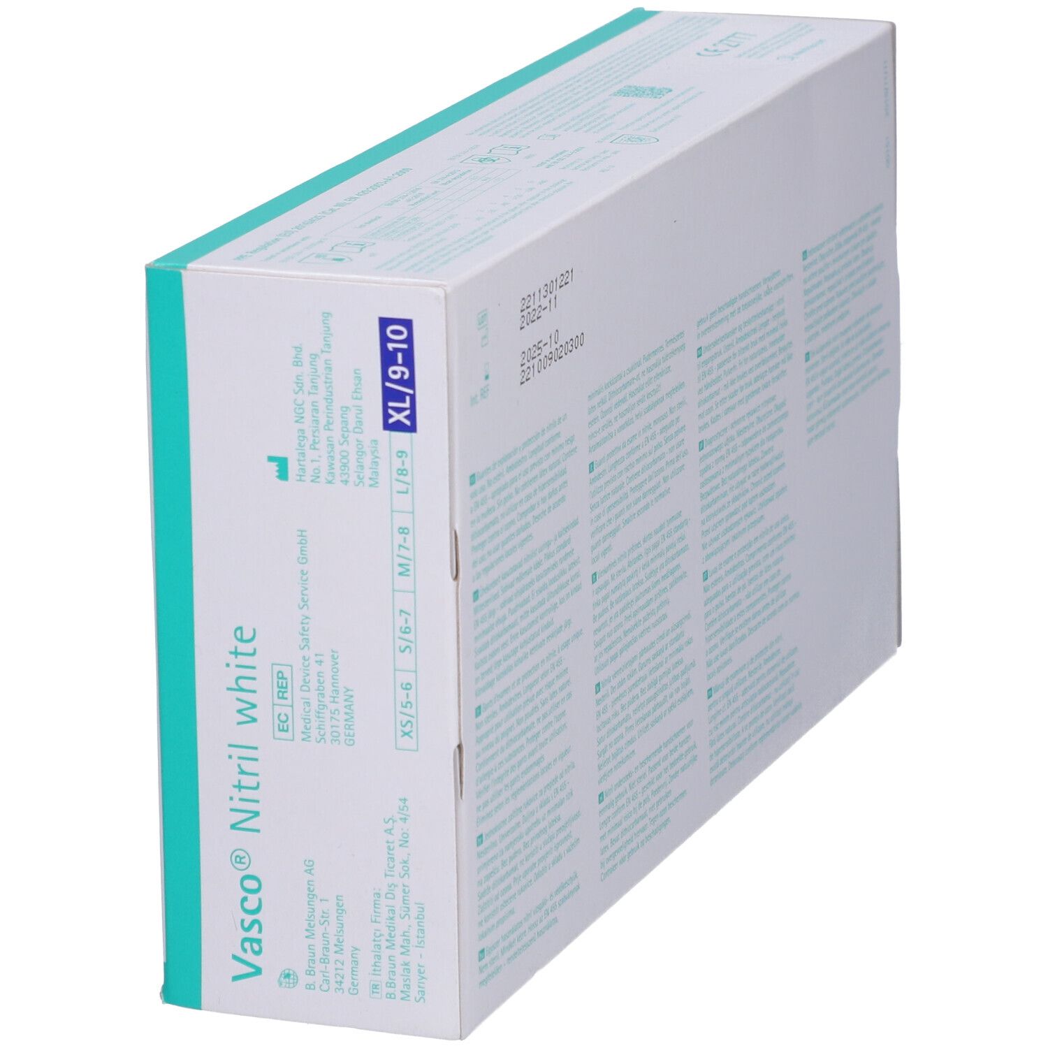 Zijaanzicht van de verpakking Vasco® Nitril white onderzoekshandschoen XL. Maatindicaties, tekst en fabrikantinformatie.