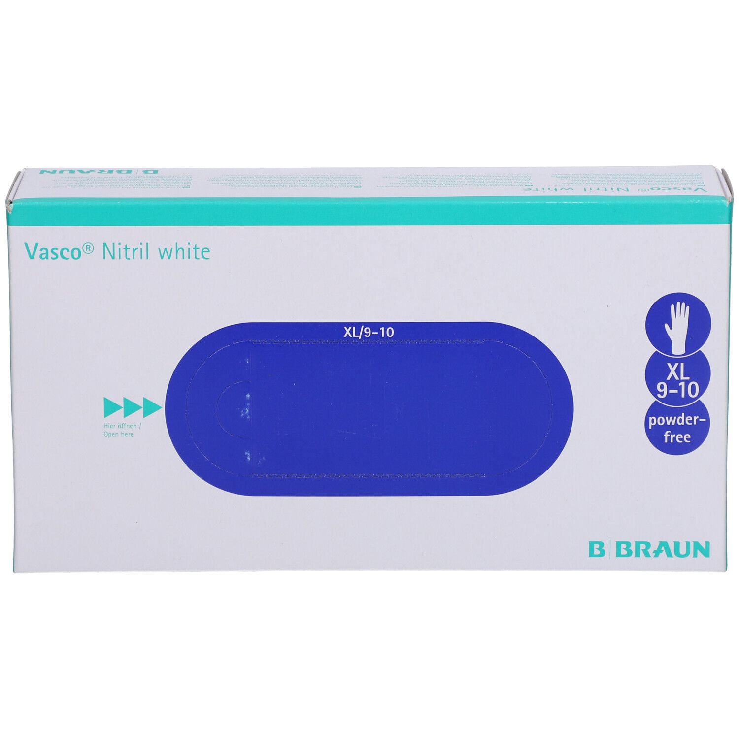 Verpakking Vasco® Nitril white onderzoekshandschoen XL. Blauwe ovale opening, maat XL/9-10, pictogram hand, poedervrij. Merk B. Braun.