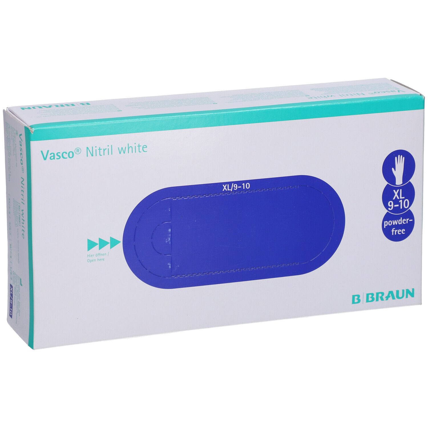 Verpakking Vasco® Nitril white onderzoekshandschoen XL. Blauwe ovale opening, maat XL/9-10, pictogram hand, poedervrij. Merk B. Braun.