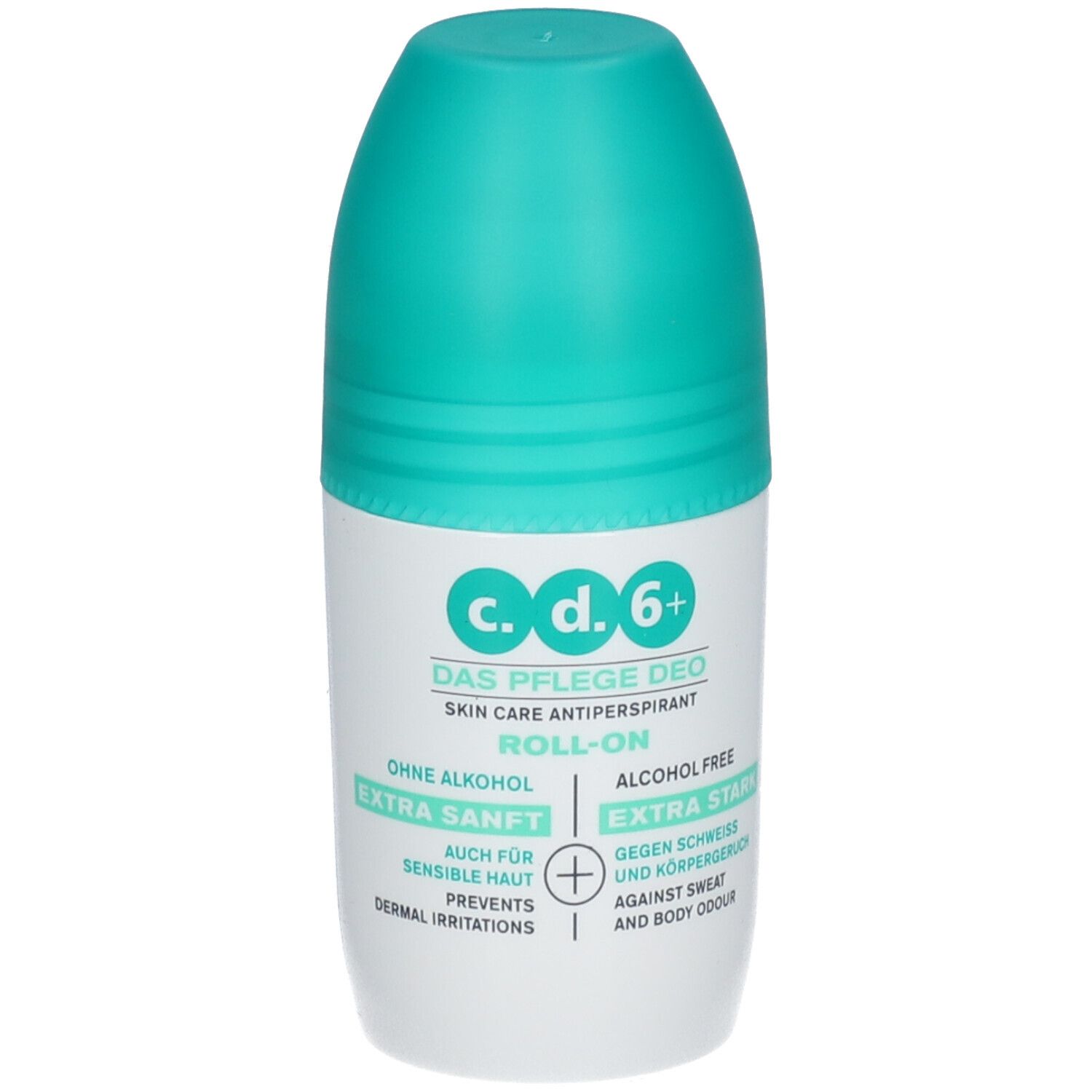 c.d.6+ roll-on deodorant met turquoise dop. Opschrift: Zonder alcohol, Extra zacht, Extra sterk. Voorkomt huidirritatie.