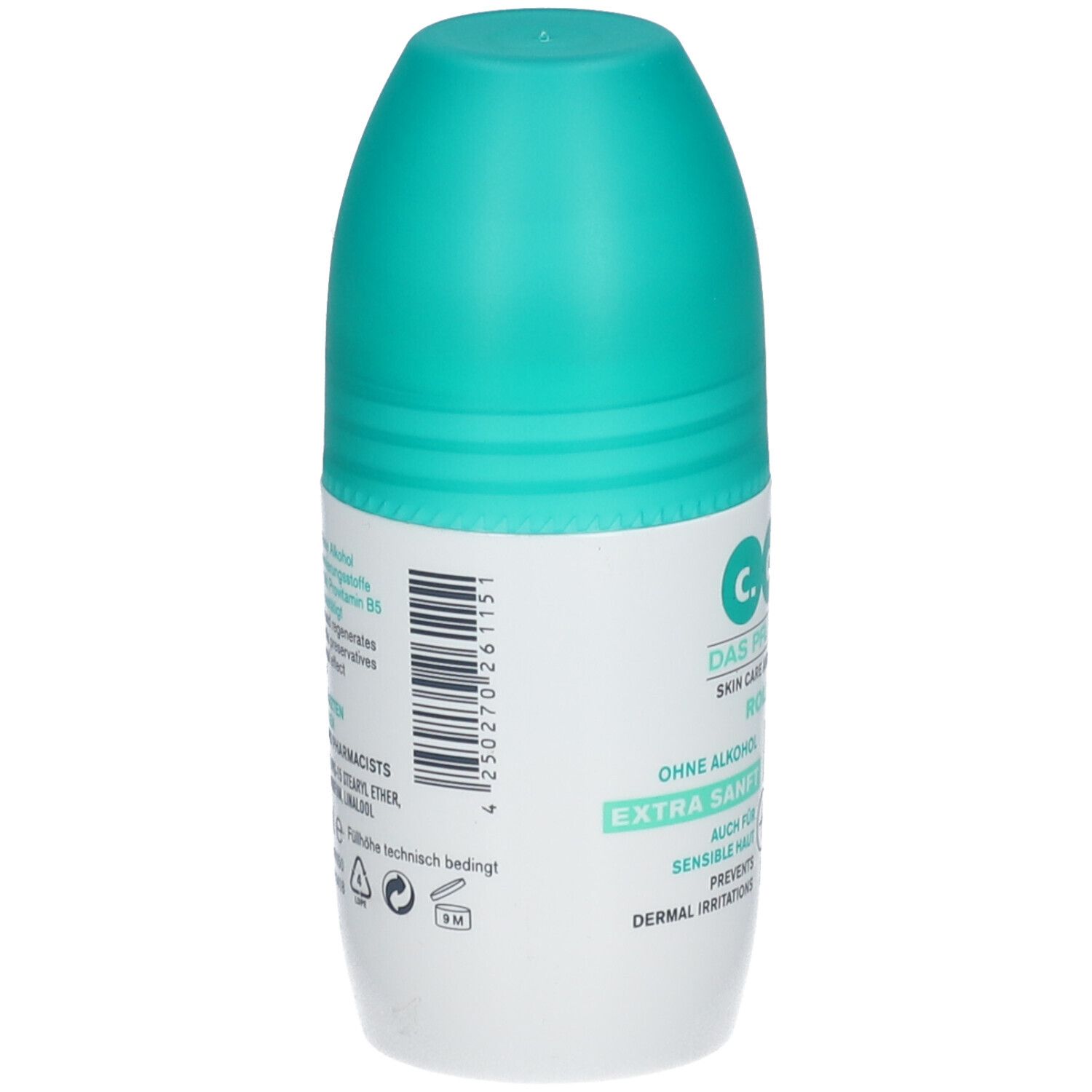Achterkant van de c.d.6+ roll-on. Barcode en tekst: Zonder alcohol, Extra zacht, Ook voor gevoelige huid. Dermatologisch getest.