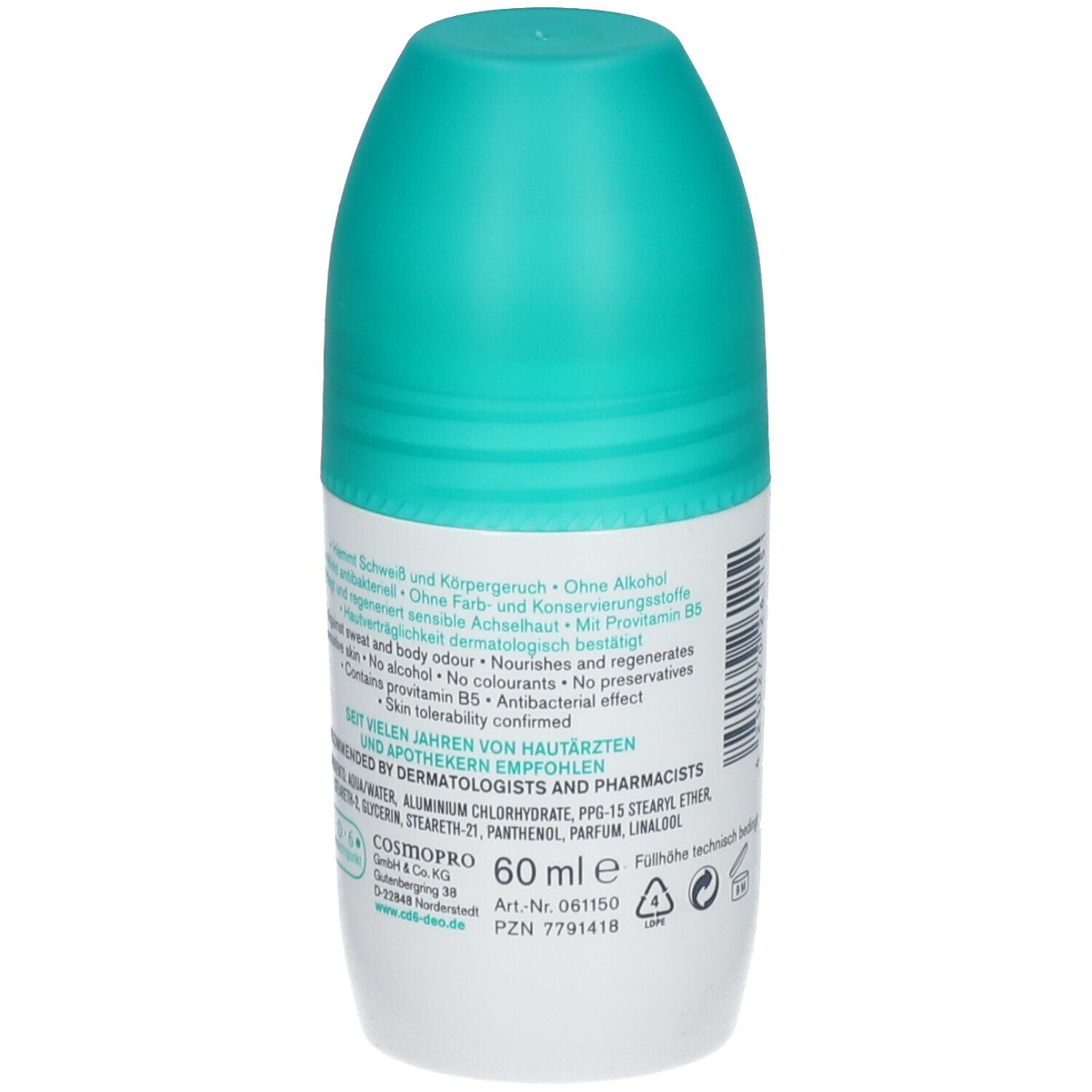 Achterkant van de c.d.6+ roll-on. Tekst: Zonder alcohol, Zonder kleur- en conserveermiddelen. Dermatologisch getest. 60 ml.