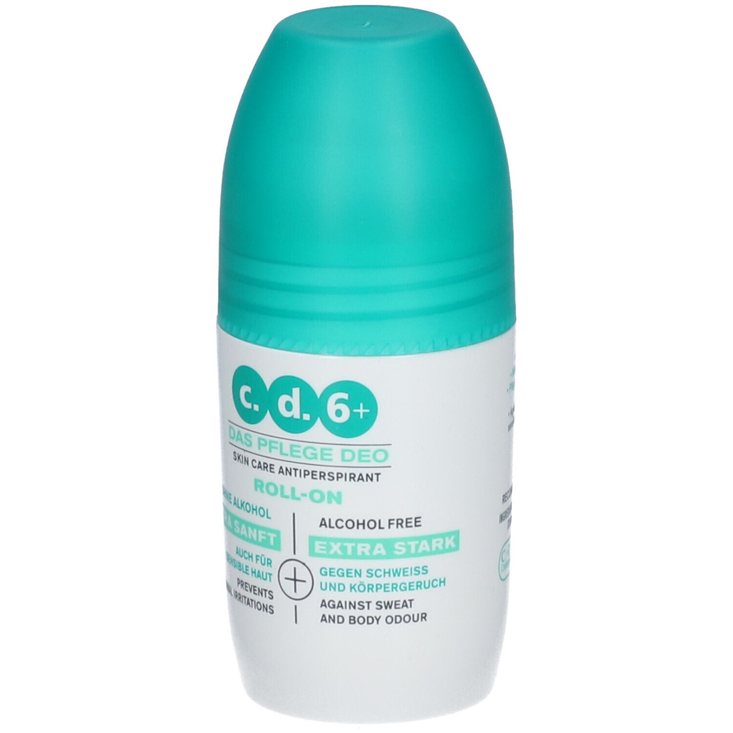 c.d.6+ roll-on deodorant met turquoise dop. Opschrift: Zonder alcohol, Extra zacht, Extra sterk. Voorkomt huidirritatie.