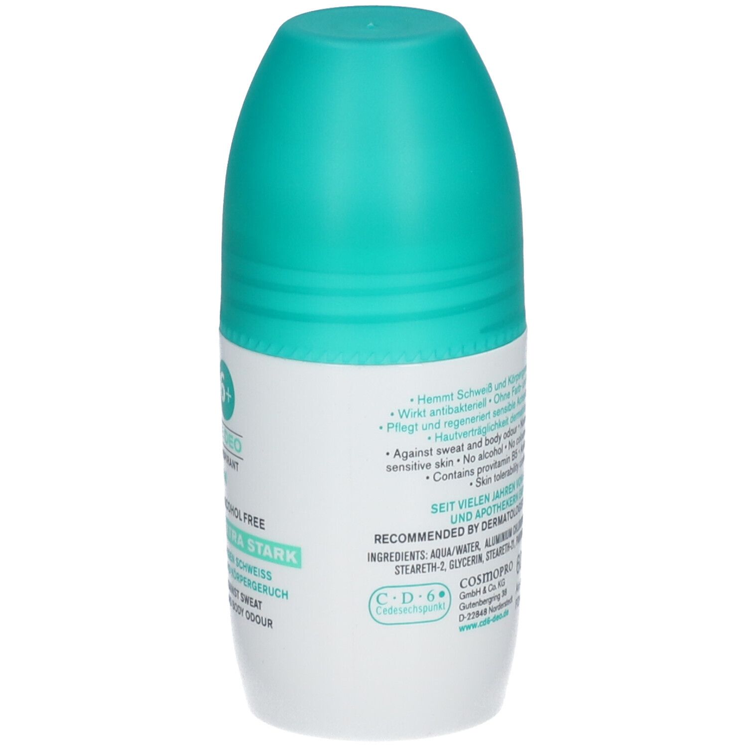 Achterkant van de c.d.6+ roll-on. Tekst: Zonder alcohol, Extra zacht, Tegen zweet en lichaamsgeur. Dermatologisch getest.