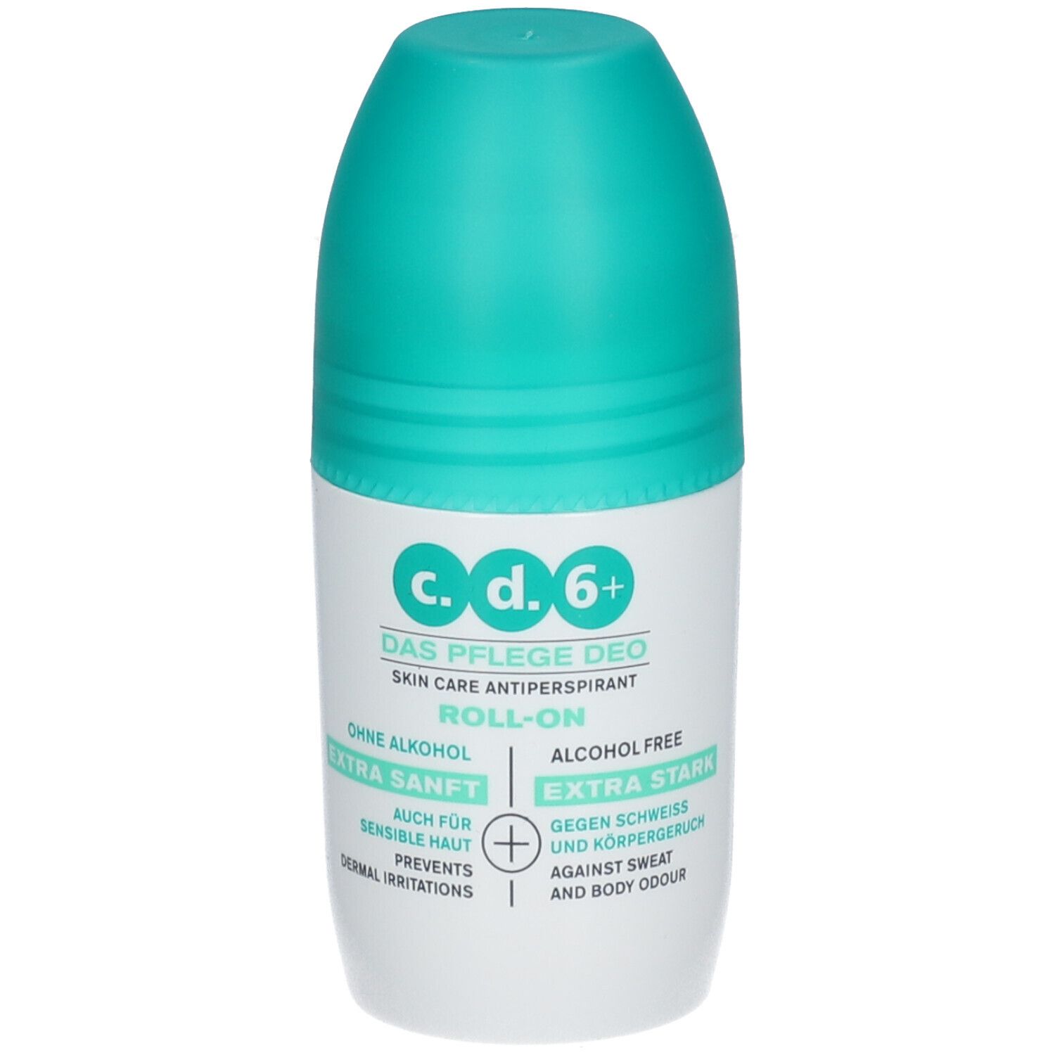 Roll-on deodorant c.d.6+ met turquoise dop. Opschrift: Zonder alcohol, Extra zacht, Extra sterk. Voorkomt huidirritatie.
